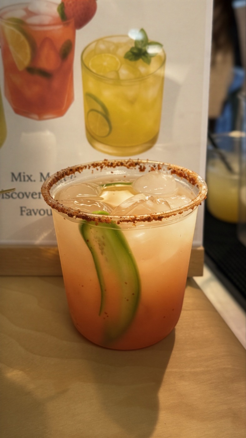 A Club Citrine mocktail with cucumber and mint, lit by afternoon sun.