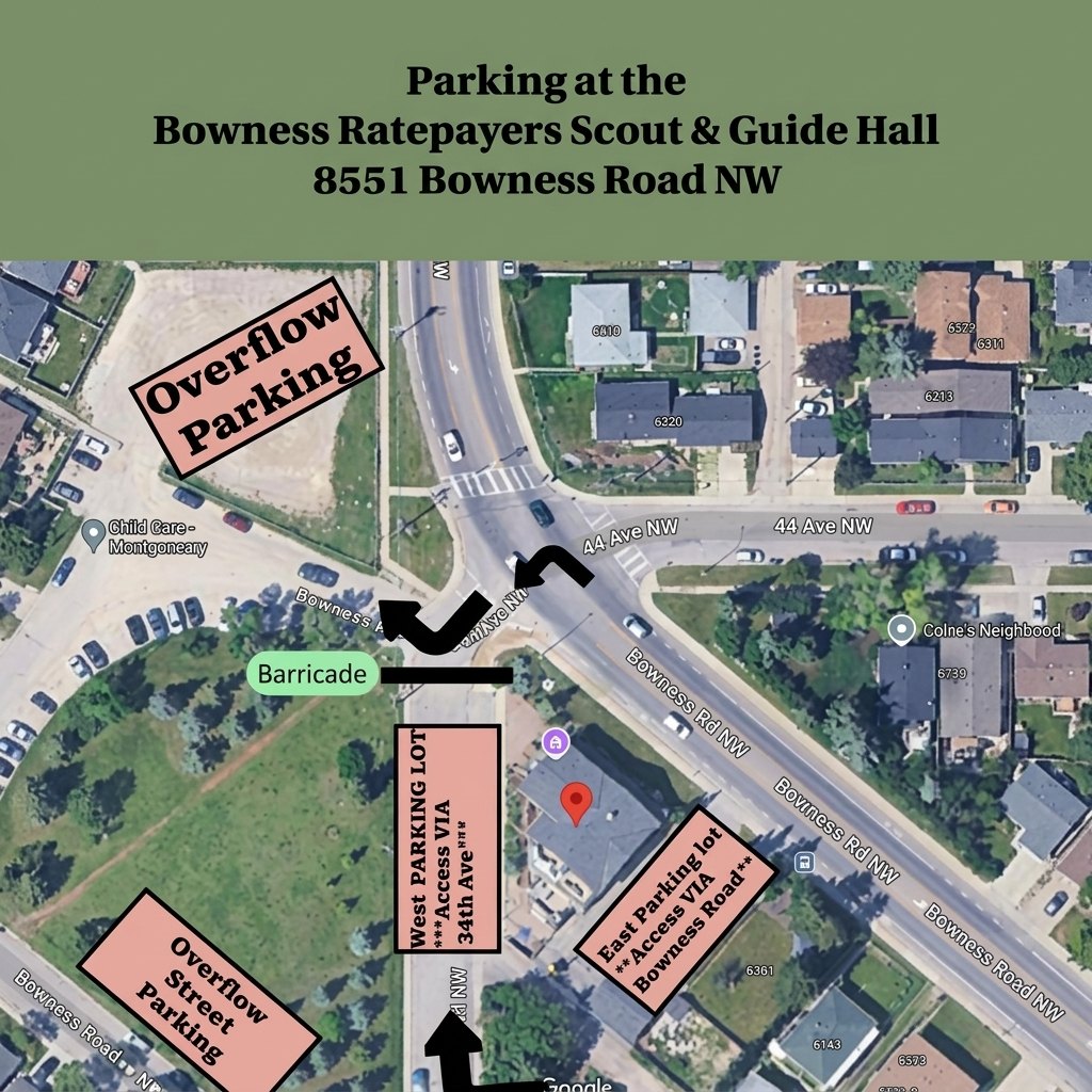 Map of parking at the Bowness Ratepayers Scout & Guide Hall, 8551 Bowness Road NW: the west parking lot is accessed via 34 Avenue, the east parking lot via Bowness Road, with overflow parking to the north-west and along Bowness Road.